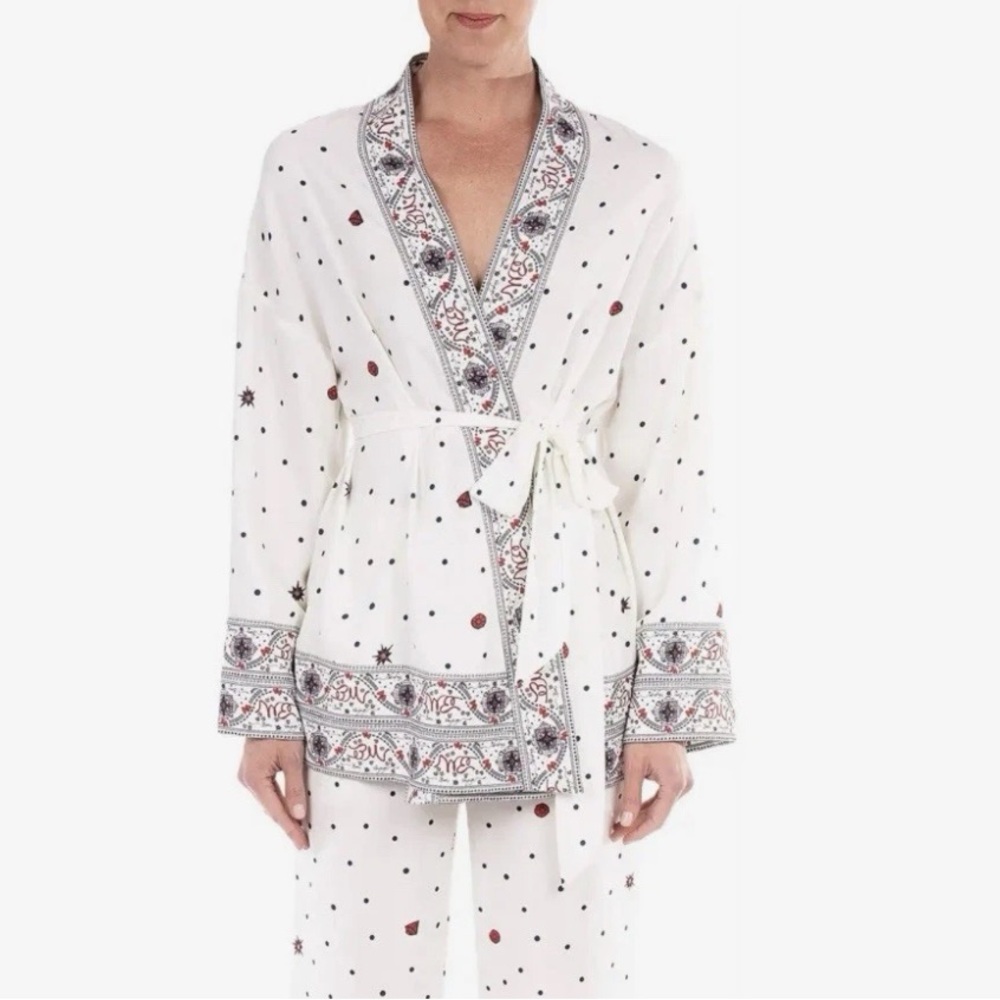 Badgley Mischka ivory white bon voyage polka dot kimono wrap cardigan boho top M